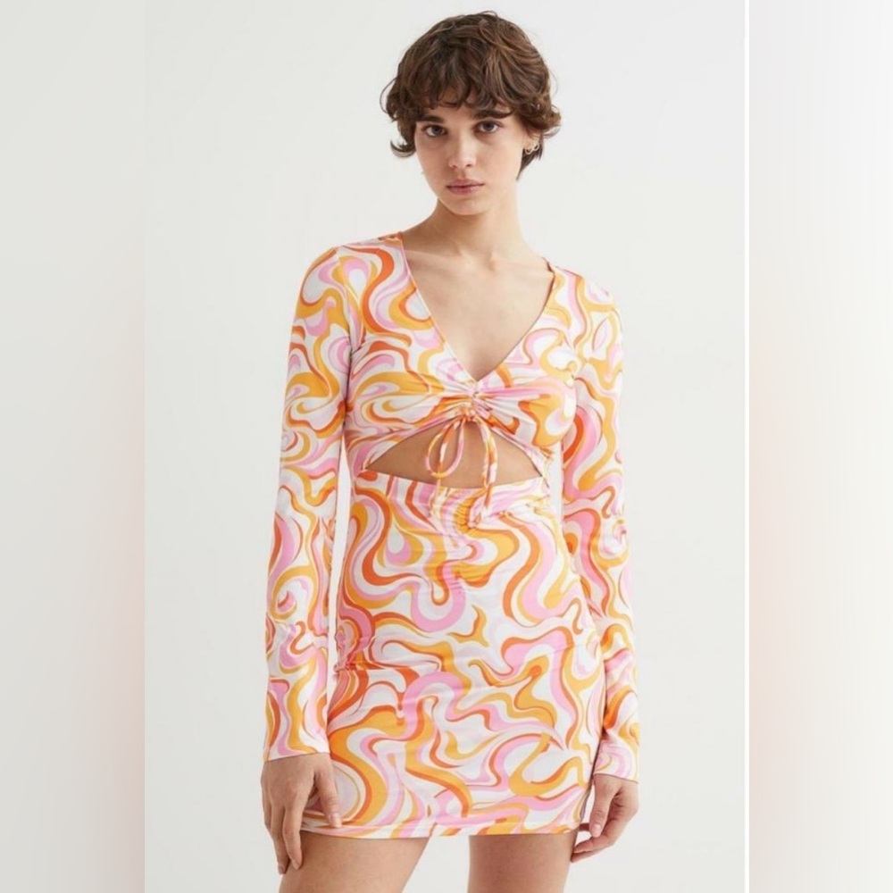 Retro 70’s Dress Swirl Long Sleeve Cutout Sz Small Fembot